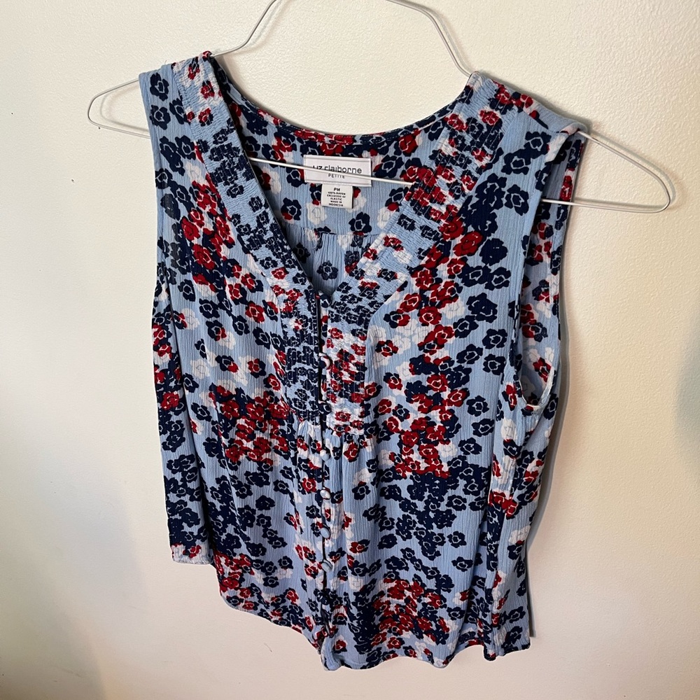 Liz Claiborne Light Blue & Red Floral Sleeveless Blouse